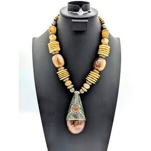 Vintage Tribal Tibetan Heavy Chunky Pendant Beaded 21" Long Necklace